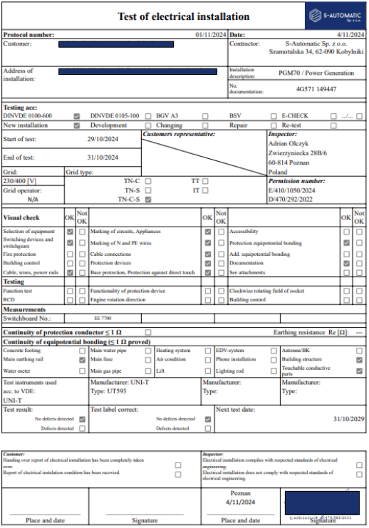 protokół z pomiarów elektrycznych
